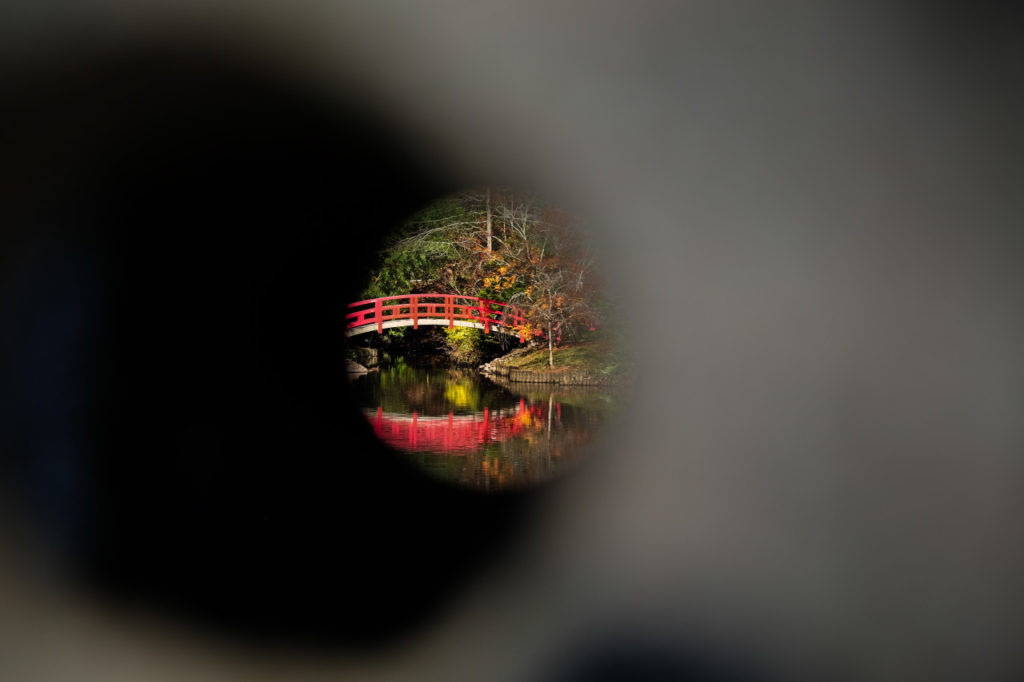 small peephole with the iconic red Duke Gardens Asian-syle red bridge showing though it