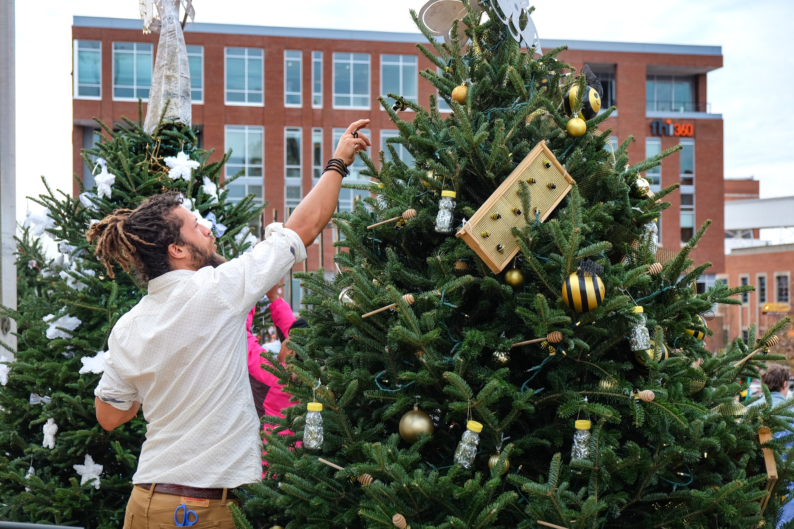 a man points as he's decorating a bee-themed tree