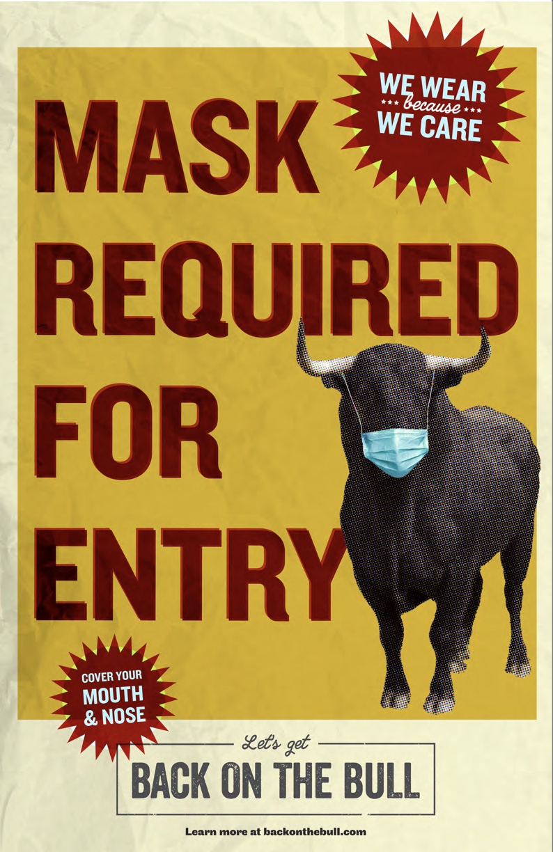 poster with a bull in a medical mask saying 'Mask Required for Entry'