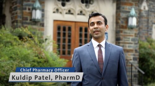 image of a video screen with title for a Duke University Head of Pharmacy