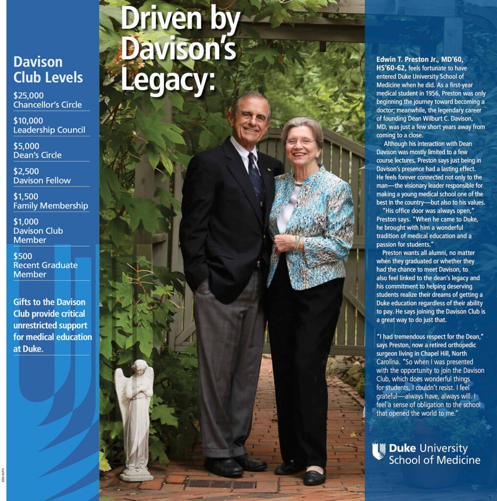 Duke Medicine Magazine page with a well dressed, happy senior couple and text discussing their donation