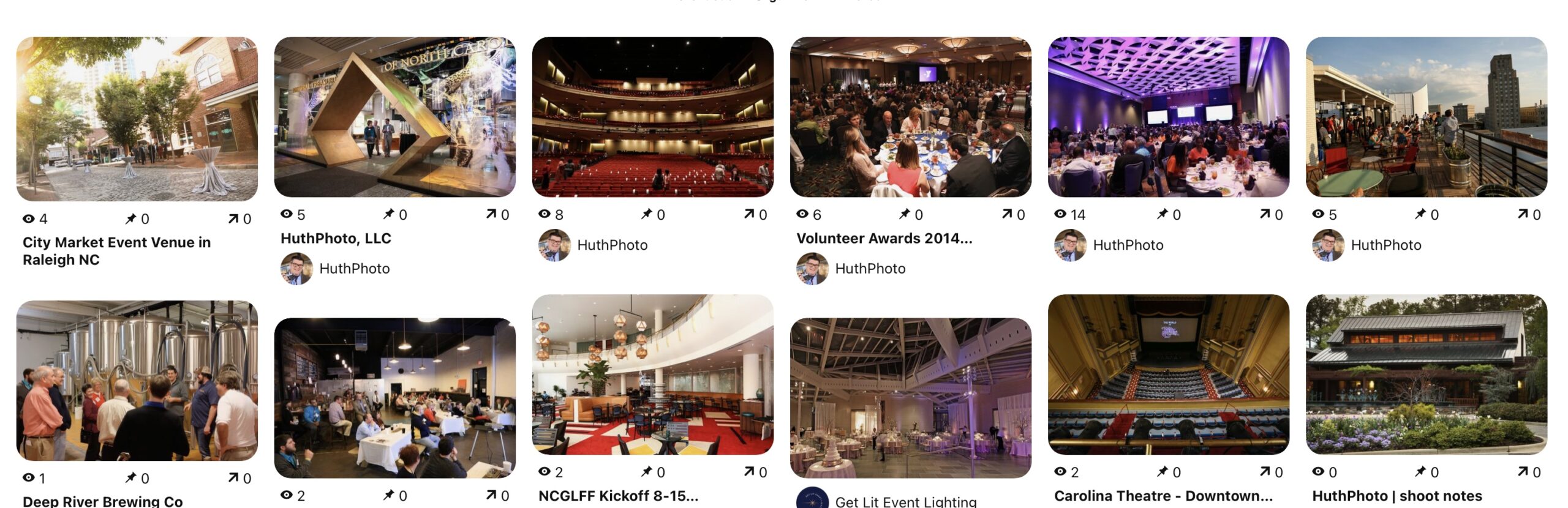 thumbnail gallery of Pinterest pin boards of event venue spaces in Durham NC