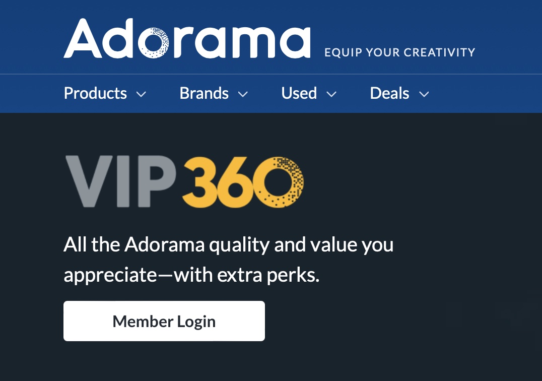 image of the Adorama website with text about their VIP360 program 