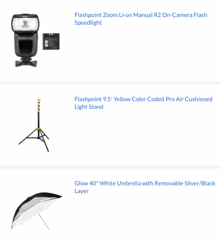 photos of a photo flash with Lithium-ion battery, a medium sized photo light stand and a photographic umbrella